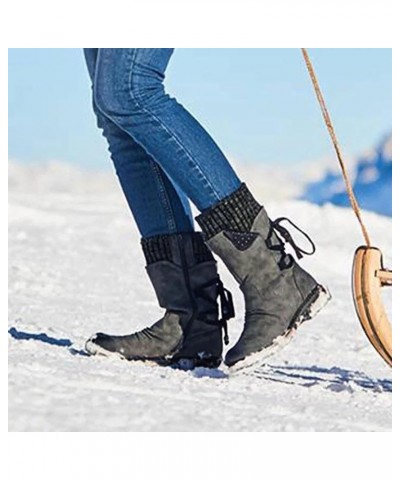 Women Fashion Casual Vintage Retro Mid-Calf Boots Lace Up Thick Heels Shoes Winter Leather Boot Grey $23.61 Boots