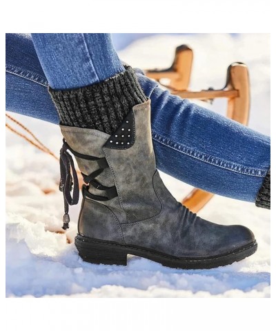 Women Fashion Casual Vintage Retro Mid-Calf Boots Lace Up Thick Heels Shoes Winter Leather Boot Grey $23.61 Boots