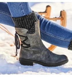 Women Fashion Casual Vintage Retro Mid-Calf Boots Lace Up Thick Heels Shoes Winter Leather Boot Grey $23.61 Boots