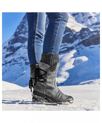 Women Fashion Casual Vintage Retro Mid-Calf Boots Lace Up Thick Heels Shoes Winter Leather Boot Grey $23.61 Boots