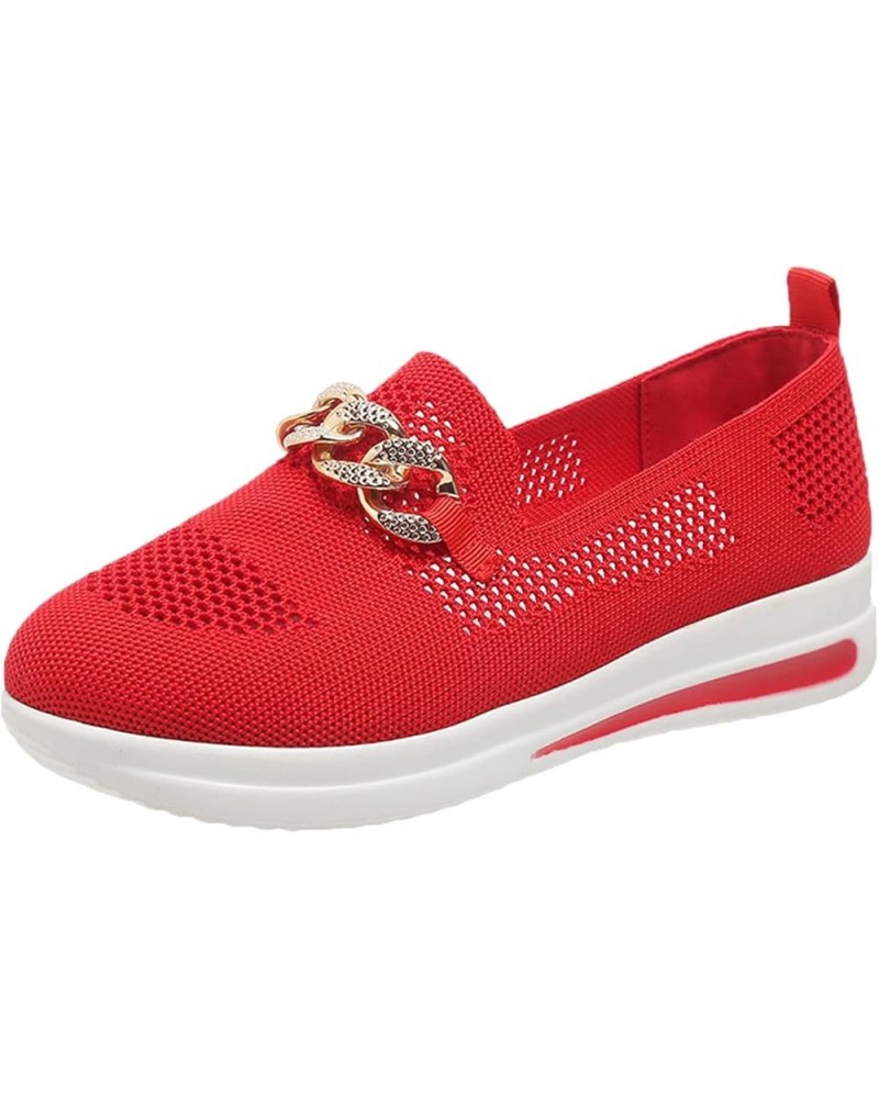 Womens Sneaker Solid Color Mesh Metal Chain Decorative Thick Soled Casual Sports Shoes Sneaker Women Red $16.58 Athletic Shoes