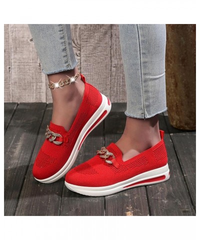 Womens Sneaker Solid Color Mesh Metal Chain Decorative Thick Soled Casual Sports Shoes Sneaker Women Red $16.58 Athletic Shoes