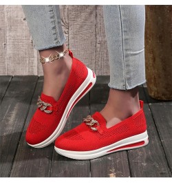 Womens Sneaker Solid Color Mesh Metal Chain Decorative Thick Soled Casual Sports Shoes Sneaker Women Red $16.58 Athletic Shoes