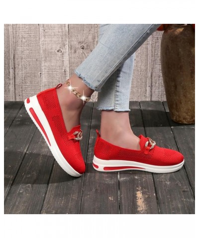 Womens Sneaker Solid Color Mesh Metal Chain Decorative Thick Soled Casual Sports Shoes Sneaker Women Red $16.58 Athletic Shoes