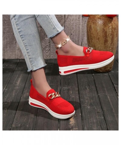 Womens Sneaker Solid Color Mesh Metal Chain Decorative Thick Soled Casual Sports Shoes Sneaker Women Red $16.58 Athletic Shoes