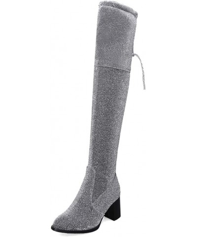 Women Fashion Dress Boots Pointed Toe Over the Knee Boots with Block Heel and Zipper Silver $39.48 Boots