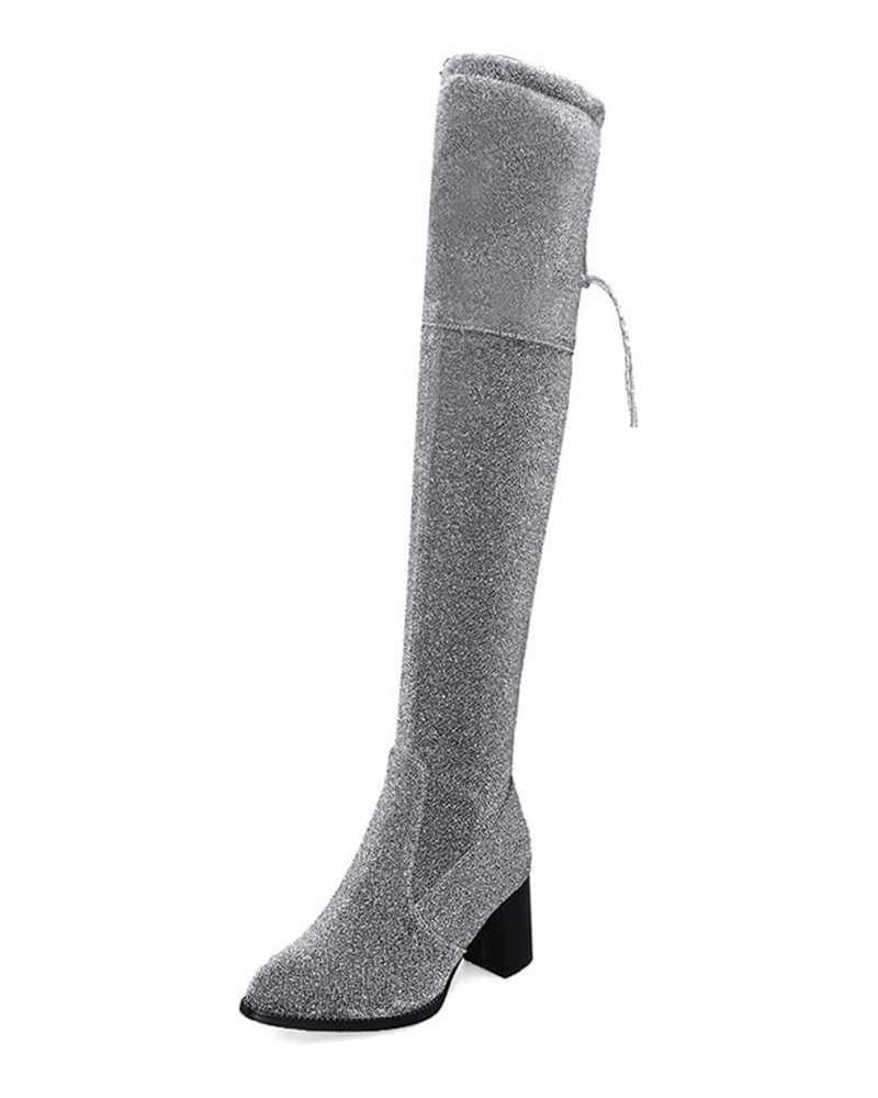 Women Fashion Dress Boots Pointed Toe Over the Knee Boots with Block Heel and Zipper Silver $39.48 Boots