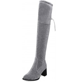 Women Fashion Dress Boots Pointed Toe Over the Knee Boots with Block Heel and Zipper Silver $39.48 Boots