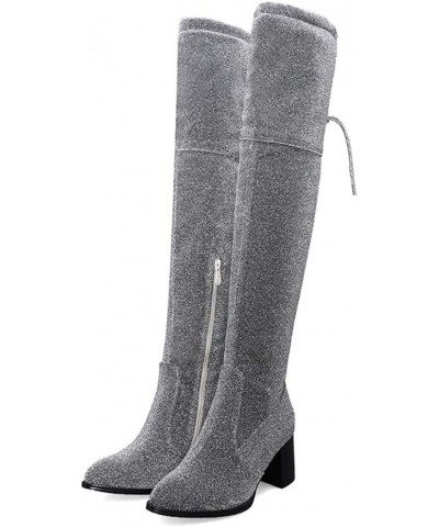 Women Fashion Dress Boots Pointed Toe Over the Knee Boots with Block Heel and Zipper Silver $39.48 Boots