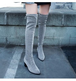 Women Fashion Dress Boots Pointed Toe Over the Knee Boots with Block Heel and Zipper Silver $39.48 Boots