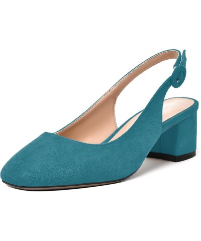 Womens Buckle Square Toe Slingback Casual Suede Evening Chunky Low Heel Pumps Shoes 2 Inch Teal $35.41 Pumps