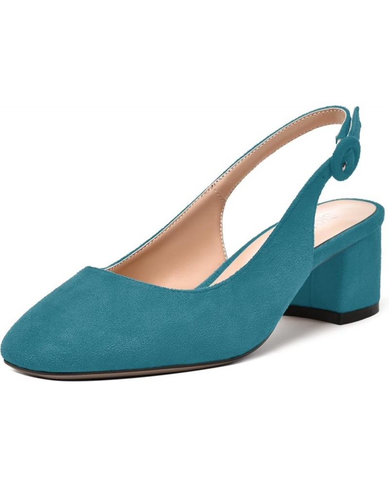 Womens Buckle Square Toe Slingback Casual Suede Evening Chunky Low Heel Pumps Shoes 2 Inch Teal $35.41 Pumps