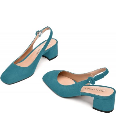 Womens Buckle Square Toe Slingback Casual Suede Evening Chunky Low Heel Pumps Shoes 2 Inch Teal $35.41 Pumps