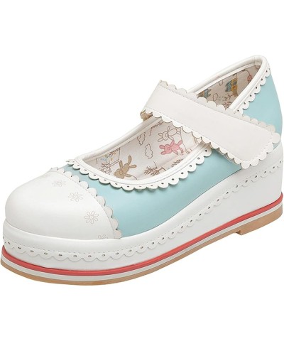 Women Kawaii Shoes Wedge Mary Janes Platform Closed Toe High Heel Lolita Cosplay Shoes Sweet Pumps Light Blue $29.05 Pumps