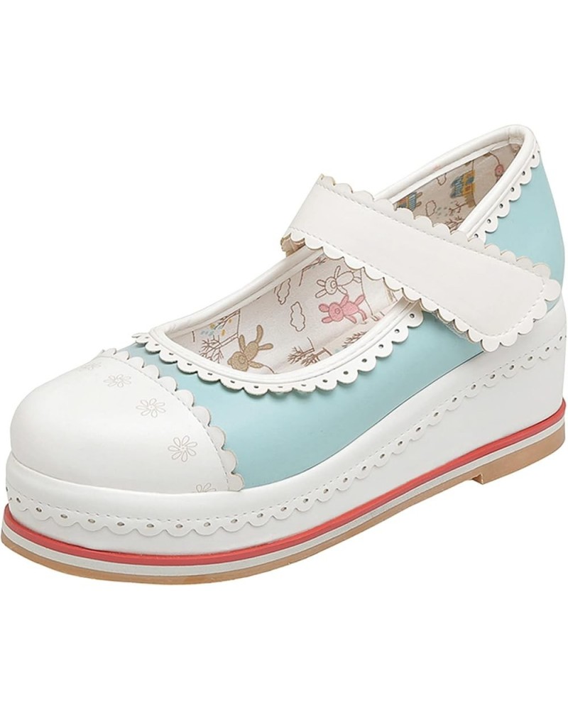 Women Kawaii Shoes Wedge Mary Janes Platform Closed Toe High Heel Lolita Cosplay Shoes Sweet Pumps Light Blue $29.05 Pumps