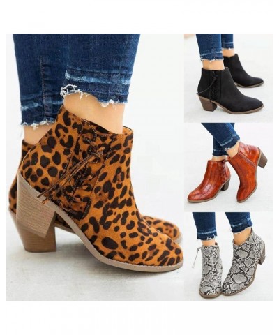 Dress Ankle Booties For Women Ladies Fashion Casual Leopard Design Suede Leather Round Toe Chunky Block Heels Lace Up Mid Cal...