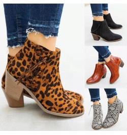 Dress Ankle Booties For Women Ladies Fashion Casual Leopard Design Suede Leather Round Toe Chunky Block Heels Lace Up Mid Cal...