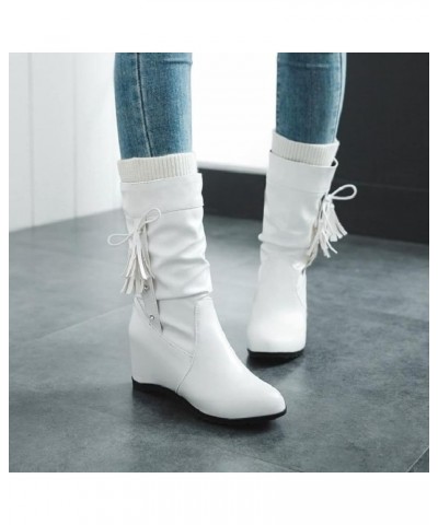 Women Winter Casual Wide-calf Wedges Boot Trendy Slip-on Round-toe Mid Heels Ladies Combat Snow Boots for Woman Black Upgrade...