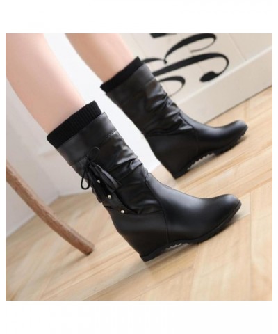 Women Winter Casual Wide-calf Wedges Boot Trendy Slip-on Round-toe Mid Heels Ladies Combat Snow Boots for Woman Black Upgrade...