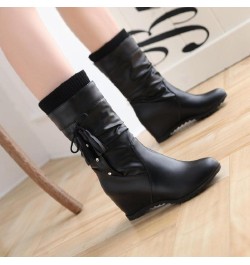 Women Winter Casual Wide-calf Wedges Boot Trendy Slip-on Round-toe Mid Heels Ladies Combat Snow Boots for Woman Black Upgrade...