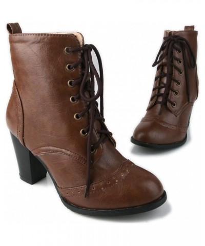 Women's Round Toe Lace Up Chunky Stacked High Heels Ankle Boots Western Oxford Dress Short Booties Dark Brown-velvet Lined $3...