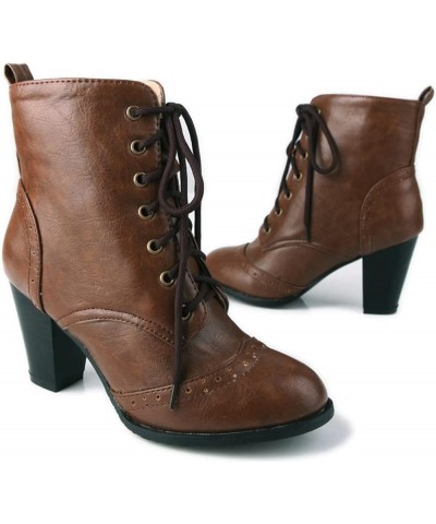 Women's Round Toe Lace Up Chunky Stacked High Heels Ankle Boots Western Oxford Dress Short Booties Dark Brown-velvet Lined $3...