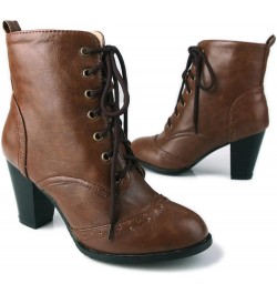 Women's Round Toe Lace Up Chunky Stacked High Heels Ankle Boots Western Oxford Dress Short Booties Dark Brown-velvet Lined $3...