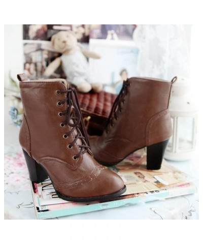 Women's Round Toe Lace Up Chunky Stacked High Heels Ankle Boots Western Oxford Dress Short Booties Dark Brown-velvet Lined $3...