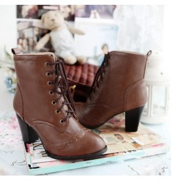 Women's Round Toe Lace Up Chunky Stacked High Heels Ankle Boots Western Oxford Dress Short Booties Dark Brown-velvet Lined $3...