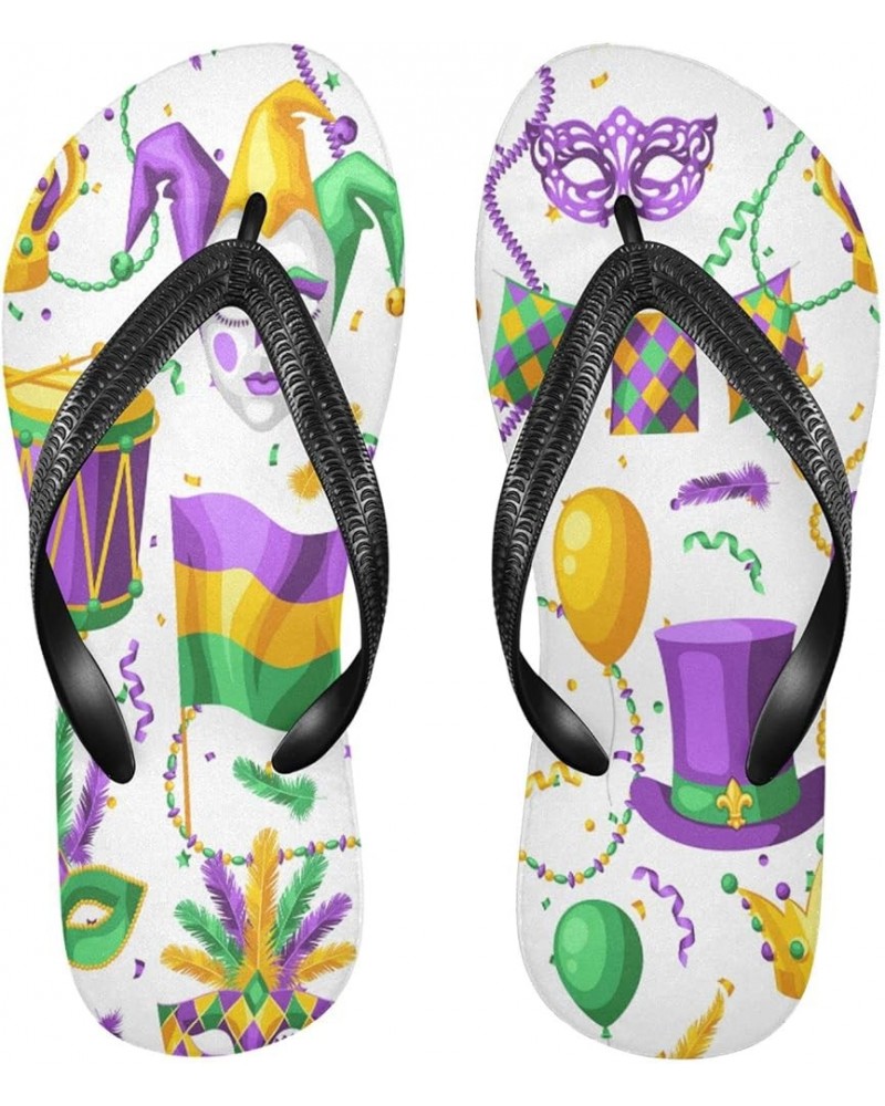 Mardi Gras Party Pattern Womens Flip Flops Carnival Mask Beads Hats Crown Summer Beach Sandals Casual Thong Slippers Comforta...