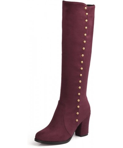 Woman Knee Boots Suede Metal Studded Chunky High Heeled Stability Round Toe Zipper Slouch Shoes for Celebration Red Wine( Thi...