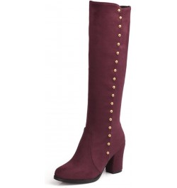 Woman Knee Boots Suede Metal Studded Chunky High Heeled Stability Round Toe Zipper Slouch Shoes for Celebration Red Wine( Thi...