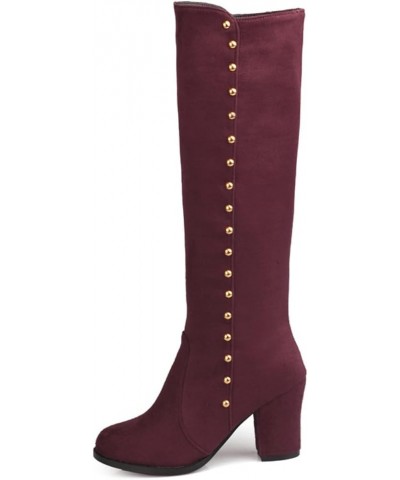 Woman Knee Boots Suede Metal Studded Chunky High Heeled Stability Round Toe Zipper Slouch Shoes for Celebration Red Wine( Thi...