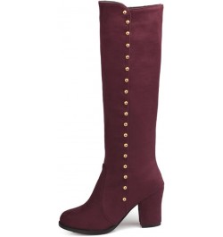 Woman Knee Boots Suede Metal Studded Chunky High Heeled Stability Round Toe Zipper Slouch Shoes for Celebration Red Wine( Thi...