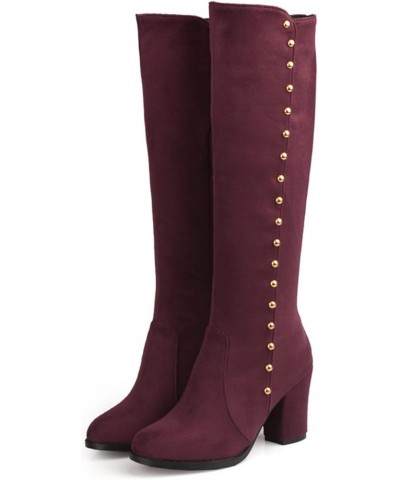 Woman Knee Boots Suede Metal Studded Chunky High Heeled Stability Round Toe Zipper Slouch Shoes for Celebration Red Wine( Thi...