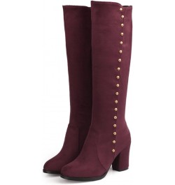 Woman Knee Boots Suede Metal Studded Chunky High Heeled Stability Round Toe Zipper Slouch Shoes for Celebration Red Wine( Thi...