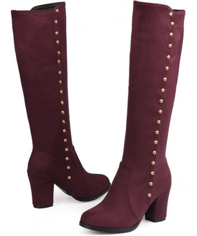 Woman Knee Boots Suede Metal Studded Chunky High Heeled Stability Round Toe Zipper Slouch Shoes for Celebration Red Wine( Thi...