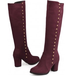 Woman Knee Boots Suede Metal Studded Chunky High Heeled Stability Round Toe Zipper Slouch Shoes for Celebration Red Wine( Thi...