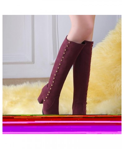 Woman Knee Boots Suede Metal Studded Chunky High Heeled Stability Round Toe Zipper Slouch Shoes for Celebration Red Wine( Thi...