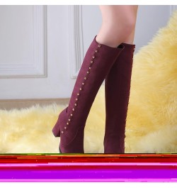 Woman Knee Boots Suede Metal Studded Chunky High Heeled Stability Round Toe Zipper Slouch Shoes for Celebration Red Wine( Thi...