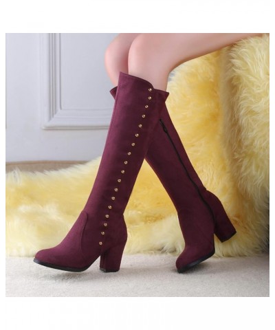 Woman Knee Boots Suede Metal Studded Chunky High Heeled Stability Round Toe Zipper Slouch Shoes for Celebration Red Wine( Thi...