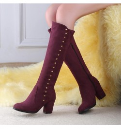 Woman Knee Boots Suede Metal Studded Chunky High Heeled Stability Round Toe Zipper Slouch Shoes for Celebration Red Wine( Thi...