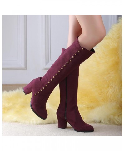 Woman Knee Boots Suede Metal Studded Chunky High Heeled Stability Round Toe Zipper Slouch Shoes for Celebration Red Wine( Thi...