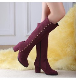 Woman Knee Boots Suede Metal Studded Chunky High Heeled Stability Round Toe Zipper Slouch Shoes for Celebration Red Wine( Thi...