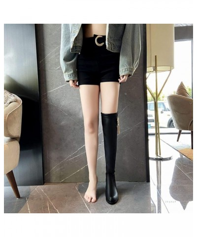 Women's Round Toe Elastic Slim Lace-up PU Leather Knee High Boots Square Heels for Party Black $33.91 Boots