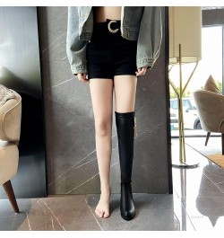 Women's Round Toe Elastic Slim Lace-up PU Leather Knee High Boots Square Heels for Party Black $33.91 Boots