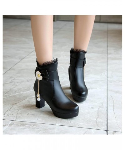 Japanese Cute Ankle Boots Women's Fashion Short Boots with Pearl Bowknot PU Leather Ankle Boots with Chunky Heel Autumn Winte...