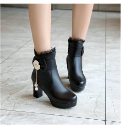 Japanese Cute Ankle Boots Women's Fashion Short Boots with Pearl Bowknot PU Leather Ankle Boots with Chunky Heel Autumn Winte...