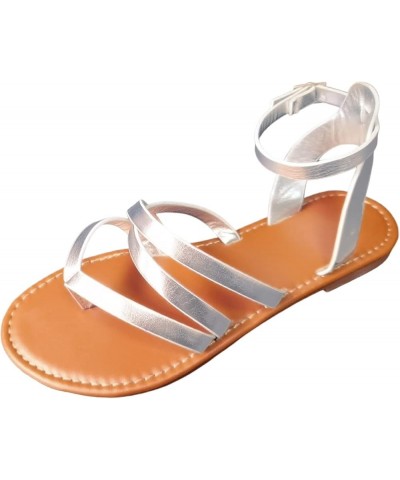 Sandals Women 8 Ladies Fashion Summer Solid Color Leather Clamping Toe Buckle Flat Sandals (Silver, 7.5) 7 Silver $14.37 Sandals