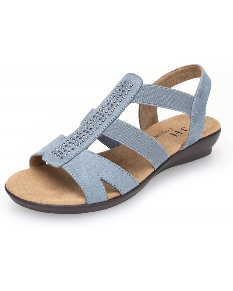 Women's Flat Sandals with Rhinestone Open Toe Elastic Slip On Slingback Comfort Casual Walking Sandals Dusty Blue $19.24 Sandals